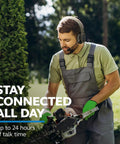 Man using Mono Bluetooth Trucker Headset With Mic 96 Percent Noise Canceling All Day Comfort Padded Headband Extended Wireless Range outdoors