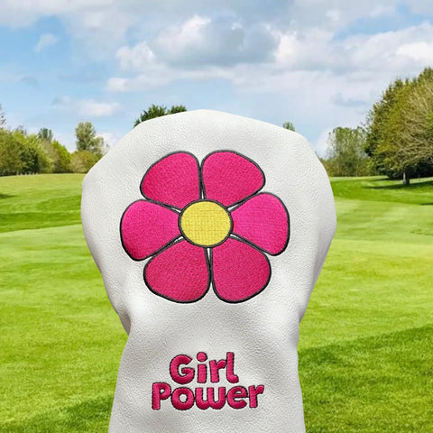 Driver Headcover For Golf Clubs Blade Mallet Putter Cover Hybrid Fairway Wood Water Resistant Faux Leather Durable Universal Fit For Most Brands Novelty Girl Power Golf Accessories with floral design on a golf course background.
