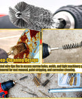 Pro Grade 14 Piece Bore Brush Set with Dual Material Stainless Steel and Brass Brushes, shown used on power drills and surfaces.