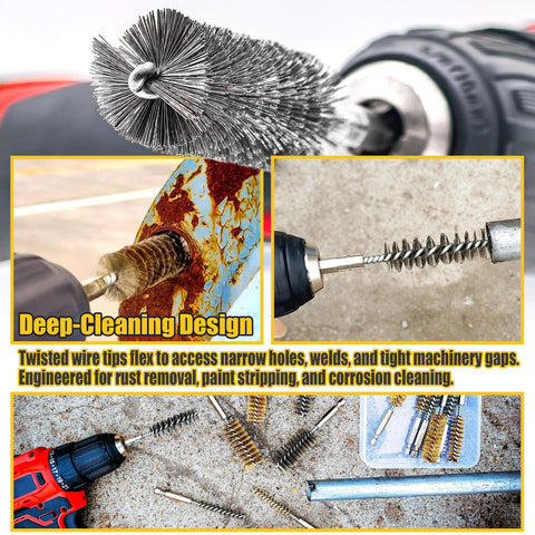 Pro Grade 14 Piece Bore Brush Set with Dual Material Stainless Steel and Brass Brushes, shown used on power drills and surfaces.