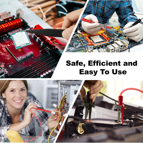 27 Piece Multimeter Test Leads Kit With Alligator Clips Hook Clips Banana Plugs Piercing Probes 59 Inch Leads And 4mm Female Adapters For Easy Electrical Testing And DIY Electronics Pro Grade Set in use for various electronic testing applications.