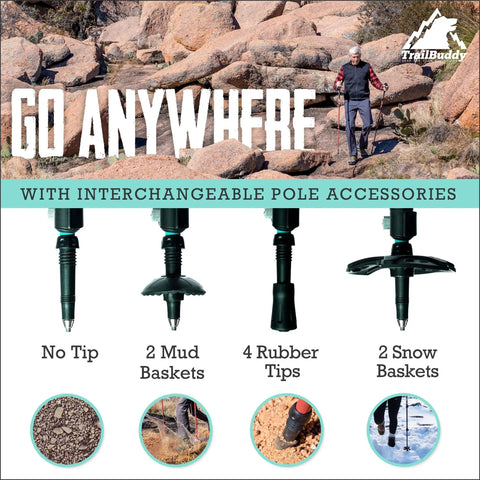 Lightweight 7075 Aluminum Trekking Poles with interchangeable accessories for all-terrain balance on rocky paths