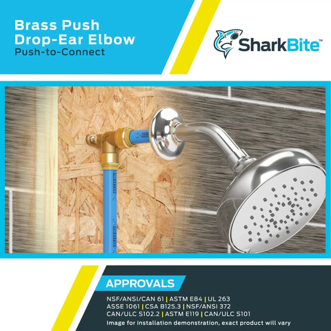 One Half Inch Push To Connect Brass Drop Ear Elbow FNPT 90 Degree Plumbing Fitting For PEX Copper CPVC PERT HDPE Piping With Mounting Ears For Quick No Fuss Fit In Tight Spaces U334LFA