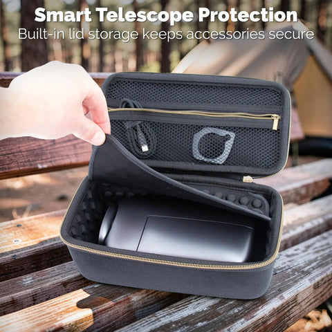 Rugged Travel Case For Mini Smart Telescope And Accessories - Drop Safe EVA Shell, Shock Absorbent Interior, Dustproof And Water Resistant, Custom Divider And Compact Carry Case For Mini Digital Astronomy Gear open on bench