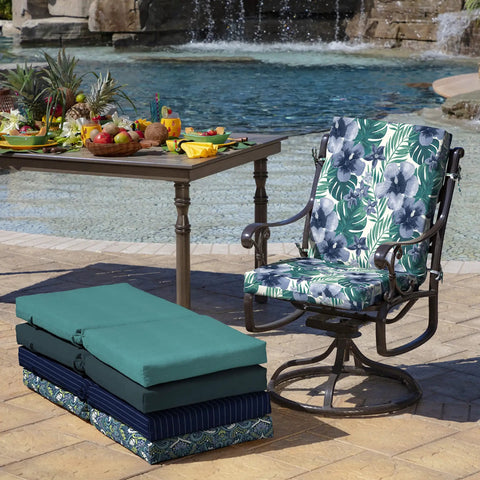 4-Pack Outdoor Patio Dining Chair Cushions 20x44 Inches, Salome Tropical Pattern, on chair by poolside near dining table.