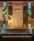 Front porch decorated with Smart LED String Lights 400 LEDs for Indoor and Outdoor Use, 105ft Long, warm white, on columns and railing.