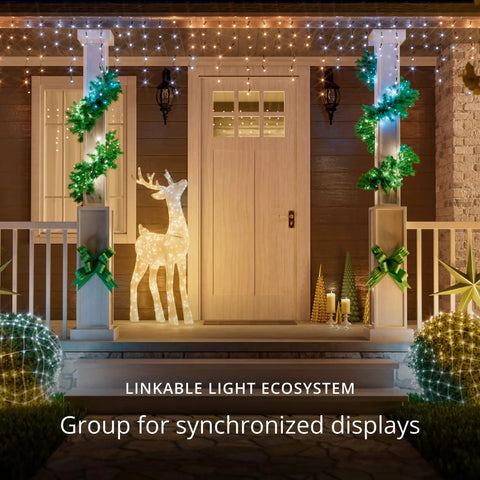 Front porch decorated with Smart LED String Lights 400 LEDs for Indoor and Outdoor Use, 105ft Long, warm white, on columns and railing.