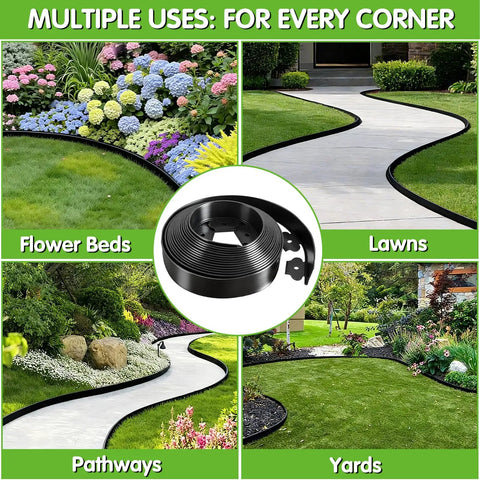 Collage of the No Dig Garden Edging Kit 2 Inch Tall 20 Foot Border with 20 Stakes used in flower beds, lawns, pathways, and yards.