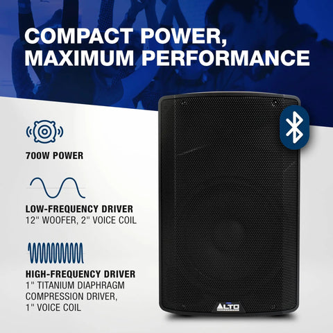 TX412 700W 12 Inch Powered PA Speaker With TWS Bluetooth, front view, highlighting compact design and power features.