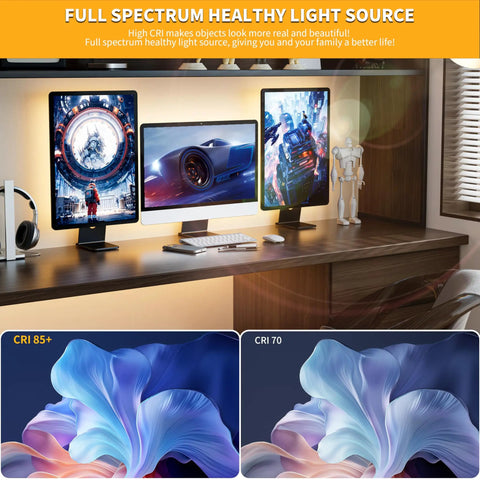 Dotless USB Powered LED Strip Lights 5V Dimmable 3000K illuminating room with monitors, CRI comparison, warm ambience