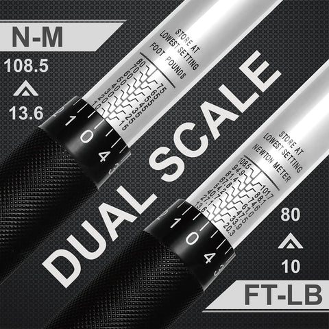 Dual scale display on 3/8-Inch Drive Click Torque Wrench With 10-80 Ft-Lb Range And 13.6-108.5 Nm, Pro Grade, Pre-Calibrated