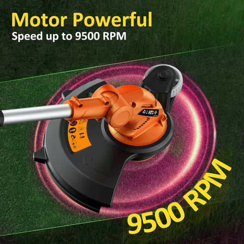 Cordless 2-In-1 String Trimmer And Edger With Wheel, 20V Battery Powered, 12-Inch Lawn Mower on grass, 9500 RPM speed