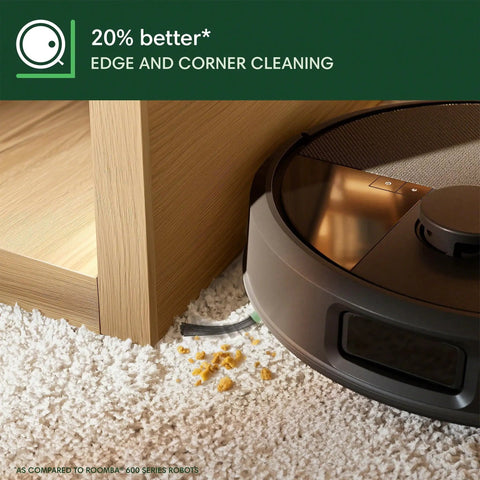 Max 705 Robot Vacuum With Auto Empty Dock And Kickass Suction cleaning carpet edge, featuring dual rubber anti tangle brushes.