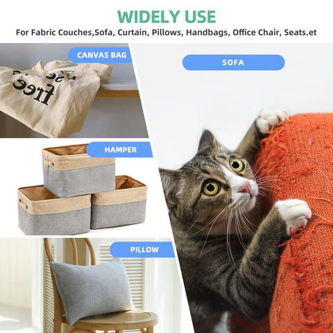 Self Adhesive Coarse Linen Fabric Repair Patches For Couch And Clothing Tear Restoration No Sweat DIY Home Wardrobe Essential Heavy Duty Upholstery Cover Kit Khaki Six Pack Set displayed with cat near frayed sofa.