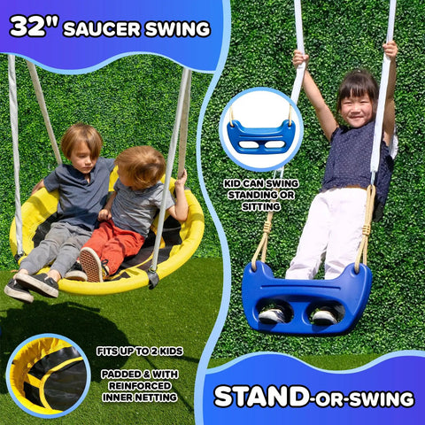 Children playing on 32" saucer swing and blue standing swing, part of 700 Lbs Galvanized Metal Swing Set For Kids With Teeter Totter Saucer Swing Standing Swing 5 Foot Wavy Slide Outdoor Backyard Playset With Bonus Anchor Kit