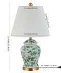 22 Inch White And Green Ceramic Table Lamp With White Linen Shade, French Country Chinoiserie Ginger Jar Bedside Lamp