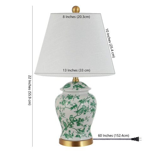 22 Inch White And Green Ceramic Table Lamp With White Linen Shade, French Country Chinoiserie Ginger Jar Bedside Lamp