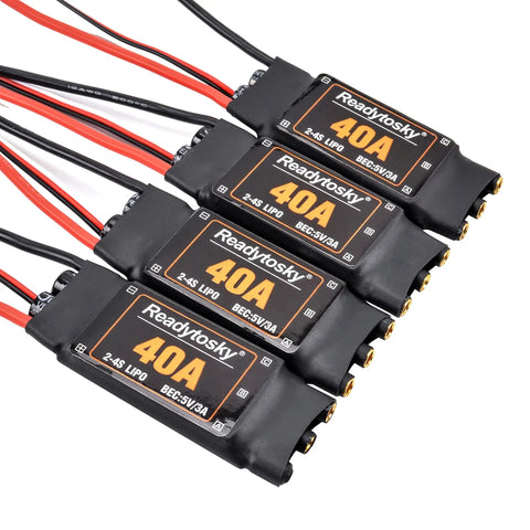 4-pack 2-4S 40A Brushless ESC with 5V 3A BEC for F450 S500 ZD550 RC helicopters and quad copters, easy install, stacked view