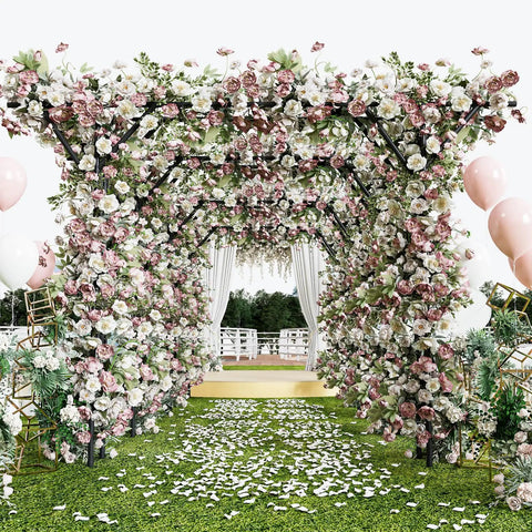 Massive Flattop Garden Arch in Black, 140.7 Inch Long and 106 Inch High Garden Trellis Arbor with flowers for weddings