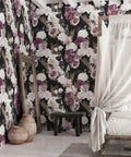 Dark Floral Peel And Stick Wallpaper Roll 24x354 Inches Black Background With White Purple Pink Roses Wall Mural in bedroom decor.