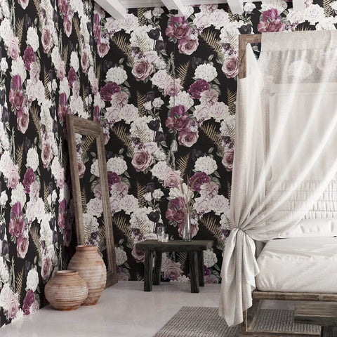 Dark Floral Peel And Stick Wallpaper Roll 24x354 Inches Black Background With White Purple Pink Roses Wall Mural in bedroom decor.