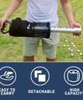 Person holding Durable Aluminum Golf Ball Retriever With Shag Tube And Detachable Collector Portable Pocket Storage Picker That Holds 70 Balls on grass.