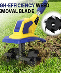 Cordless Garden Tiller Cultivator With 720 RPM Power showing soil tilling and weed removal blade on grass, yellow tool.