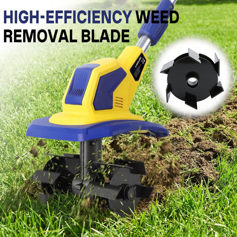 Cordless Garden Tiller Cultivator With 720 RPM Power showing soil tilling and weed removal blade on grass, yellow tool.