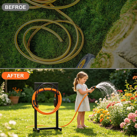 Child watering flowers with Freestanding Heavy Duty Garden Hose Holder With Upgraded Metal Stand Two Support Poles And Four Anchor Points Built Tough For Outdoor Use Detachable Hose Reel Rack Holds Up To 150 Feet Of Hose Black in garden