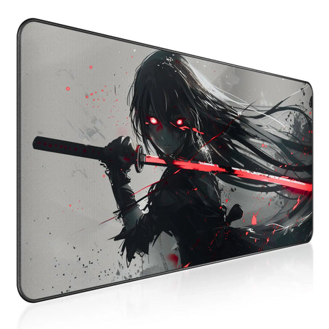 XXL Anime Gaming Mouse Pad 35.4 x 15.7 Inch Desk Mat with water-resistant surface and stitched edges featuring anime warrior design.