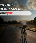 Cyclist riding on road at sunset with text overlay 'Pro Tools. Pocket Sized.' promoting T-Handle Ratchet Wallet Kit.