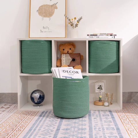 Round 11 Inch Storage Bins Set For Shelves, Durable Woven Cotton Cube Baskets, Fits 12x12 Inch Storage Cubes, 3 Pack Green.