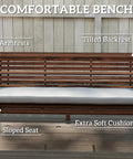 Three Seat Porch Swing With Stand Outdoor Patio Bench For Garden And Poolside Use With Comfy Cushioned Seat Side Trays And Durable Metal Chains Carbonized Brown with labeled features of armrests, tilted backrest, sloped seat, and extra soft cushion.