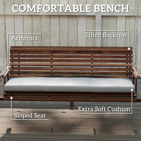 Three Seat Porch Swing With Stand Outdoor Patio Bench For Garden And Poolside Use With Comfy Cushioned Seat Side Trays And Durable Metal Chains Carbonized Brown with labeled features of armrests, tilted backrest, sloped seat, and extra soft cushion.