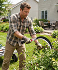 Man using Two Piece Hand Sickle Garden Tool Set No Nonsense Heavy Duty Manganese Steel Weed Cutter, Japanese Style in backyard