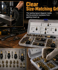 Rivet Nut Kit With Organizer Box M3 Through M8 Drill Adapter Set Includes 10 Pcs Per Model With Custom Slots For Mandrels And Hardware, Pro Grade Workshop Essential For Automotive And Metalworking DIY Projects, Keeps It Neat And Ready To Tackle. In organizer box with M3-M8 mandrels and rivet nuts