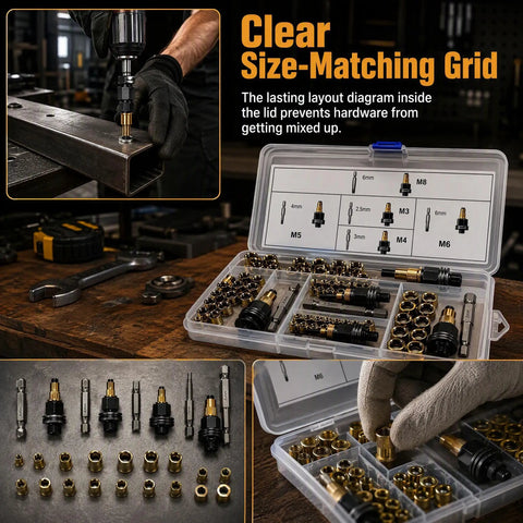 Rivet Nut Kit With Organizer Box M3 Through M8 Drill Adapter Set Includes 10 Pcs Per Model With Custom Slots For Mandrels And Hardware, Pro Grade Workshop Essential For Automotive And Metalworking DIY Projects, Keeps It Neat And Ready To Tackle. In organizer box with M3-M8 mandrels and rivet nuts