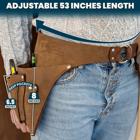 Woman wearing Full-Grain Leather Garden Utility Belt For Women, Florist Tool Holster And Gardening Apron With Hammer Holder.