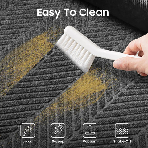 Brushing Heavy Duty Door Mat 3Ft By 6Ft Striped Brush Entrance Rug With Rubber Backing, showing cleaning process.