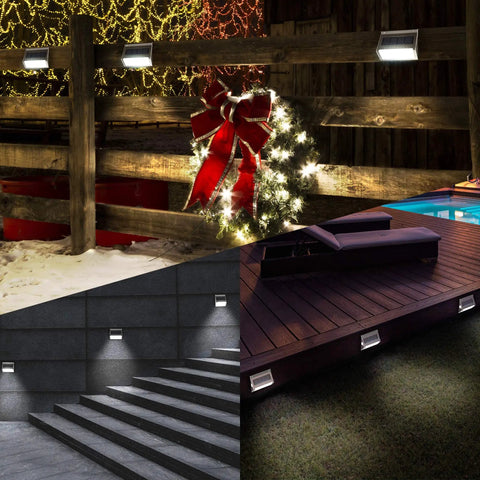 Upgrade Solar Step Lights 12 Pack Outdoor LED Deck Lights with side button illuminating stairs, deck, and fence in white light.