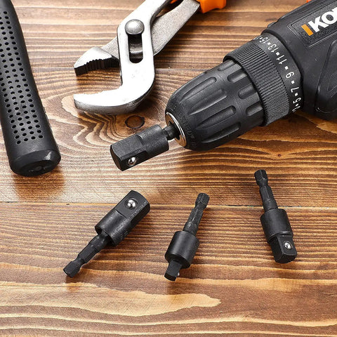 Beefed Up Workhorse 4 Piece Power Drill Socket Adapter Set With 360 Degree Rotating Sockets And 105 Degree Right Angle Driver, 1 Quarter Inch, 3 Eighth Inch, 1 Half Inch, Detent Ball Retention, Chrome Vanadium Steel, Black