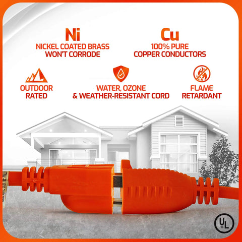 Orange Indoor Outdoor Extension Cord 18 Feet With 1 Outlet 3 Prong 16 Gauge Heavy Duty UL Approved in front of a house