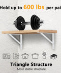 Badass Heavy Duty Metal Shelf Brackets 12 X 8 Inch White L Brackets holding dumbbell on a wooden shelf, showcasing stability and support.