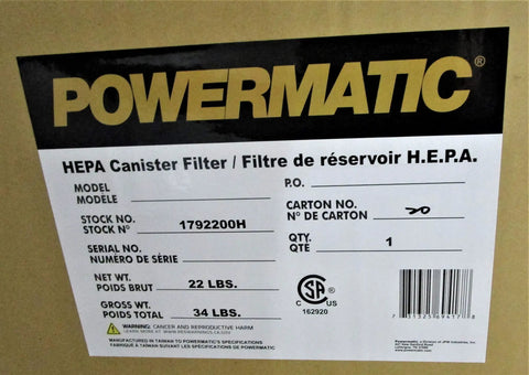 Beefed Up HEPA Filter For PM2200 3 HP Dust Collector packaging label with specifications and barcode