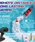 2.4GHz RC Boat With 22 Plus MPH Speed For Adults And Kids High Speed Remote Control Jet Boat shown on water with remote controller and dual batteries