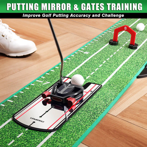 Pro Grade Golf Putting Mat With Gates And Mirror, Progressive Slope Design, Noise Reduction Tech, Quiet Rubber Holes in use