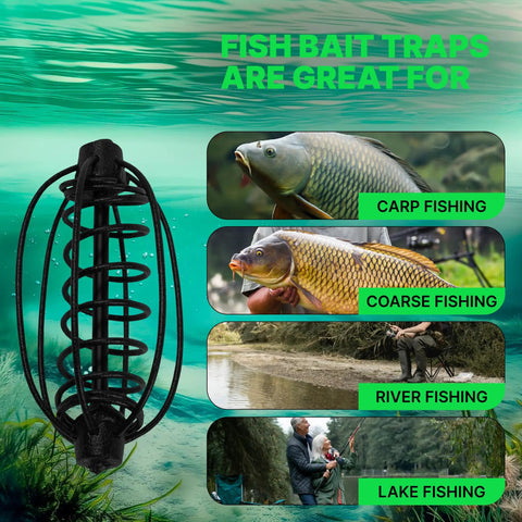 10 Pack Spring Fishing Feeders 25g Each For Carp Crucian And Bream Tackle, Durable Iron Lead Cages, fishing scenarios shown