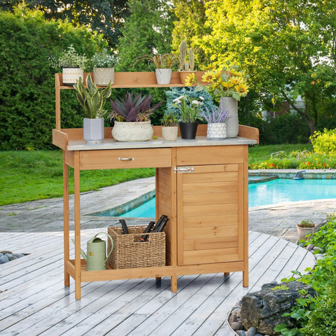 Outdoor Garden Potting Bench With Wood Tabletop And Open Shelf Cabinet Drawer Dope Fir Wood Workstation for gardening