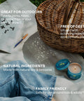 Citronella Mosquito Repellent Candle Pack Of 2 For Outdoor Adventures on picnic blanket with wicker basket and open notebook