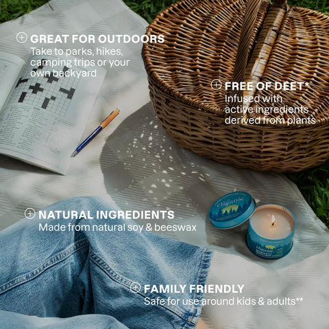 Citronella Mosquito Repellent Candle Pack Of 2 For Outdoor Adventures on picnic blanket with wicker basket and open notebook